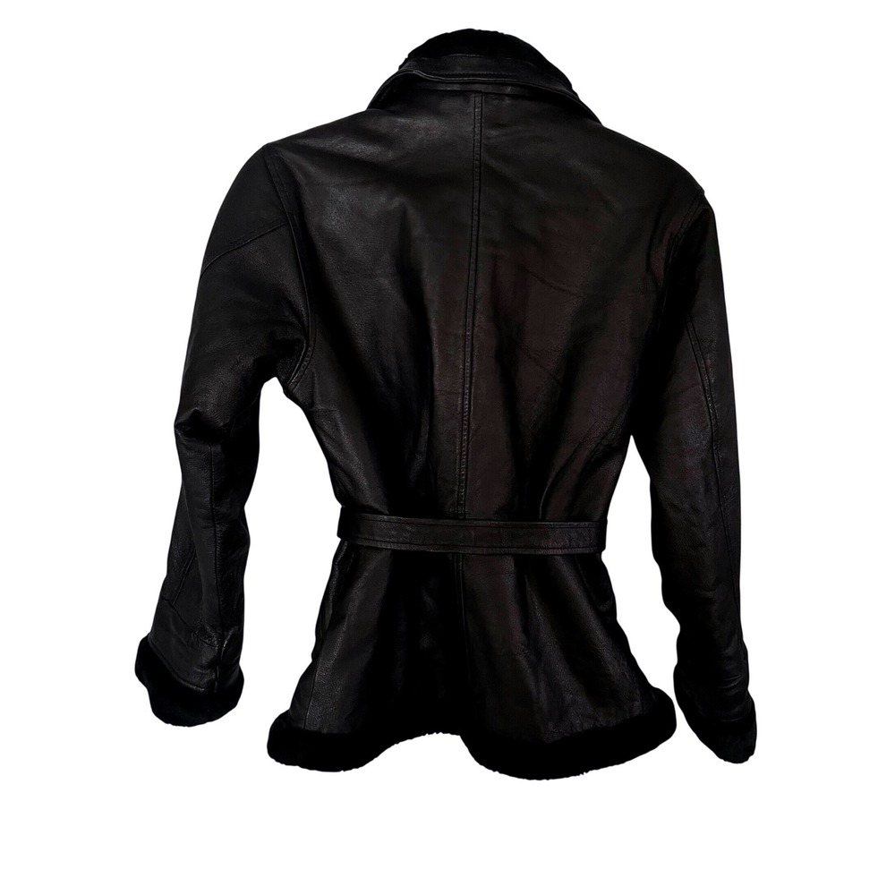 WILDA Genuine Leather Coat Womens XL Blk Belted Faux Fur Collar Trim Vintage 90s - Picture 2 of 7